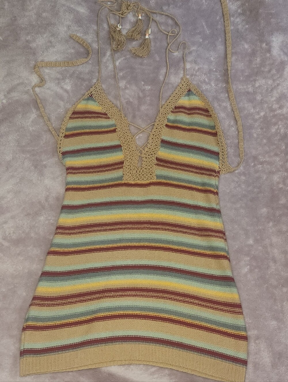 Striped Crochet Halter Knit Mini Dress With Seashell Tassels